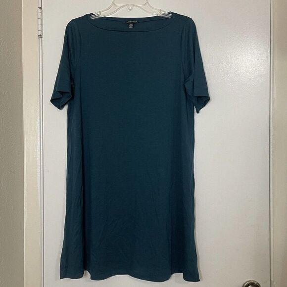 EILEEN FISHER GREEN BOAT NECK SHORT SLEEVE TUNIC TSHIRT SIZE US SMALL - Picture 1 of 5